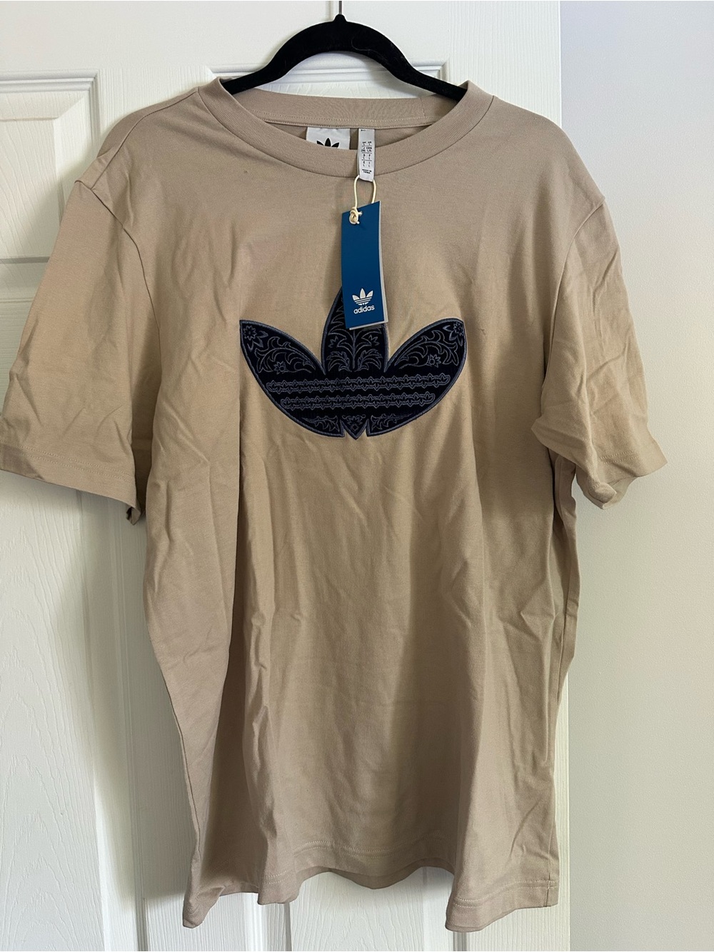 adidas Beige Short-Sleeve Tee with Navy Trefoil
